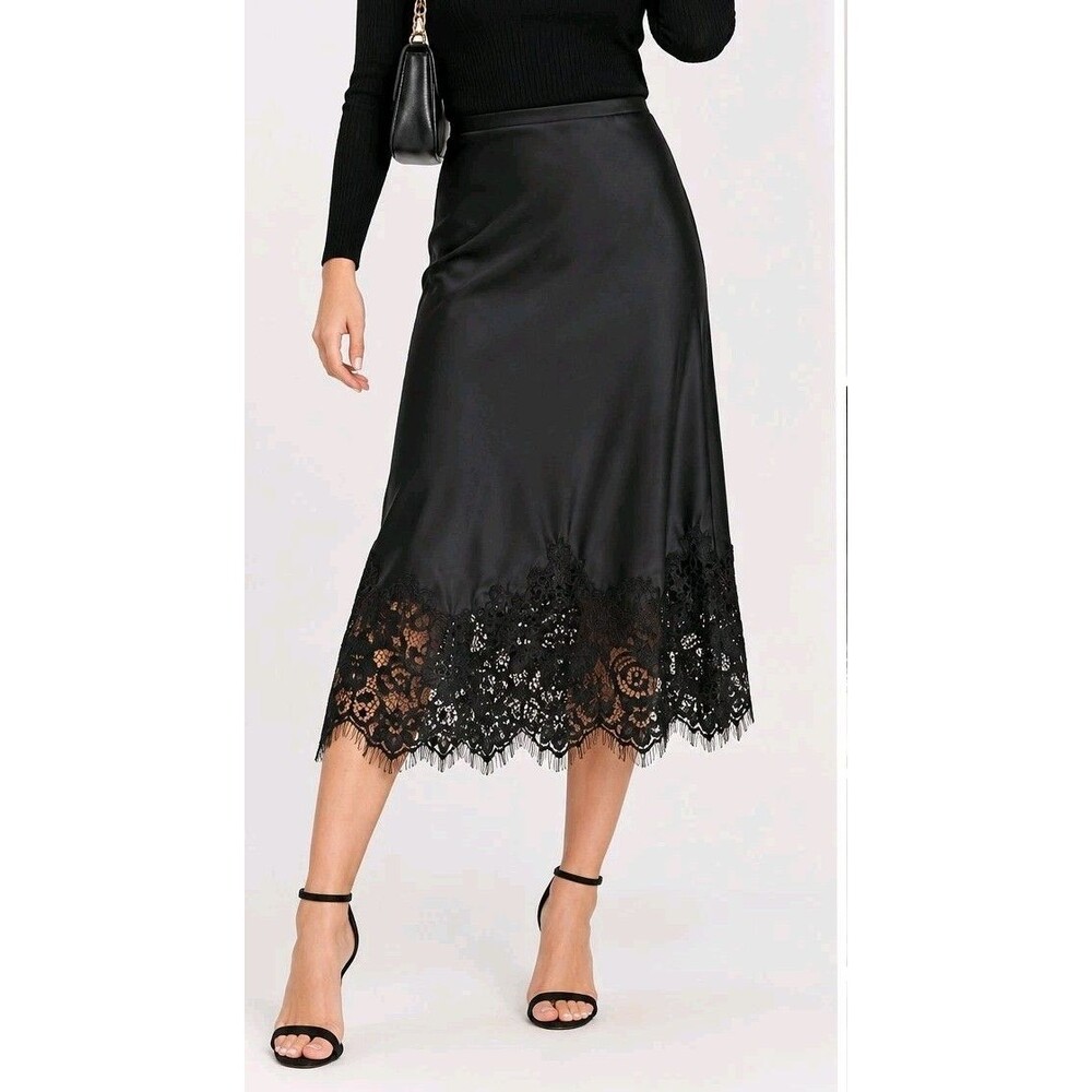 Blenca Black Satin Lace Asymmetrical Midi Skirt S Holiday Party Y2K